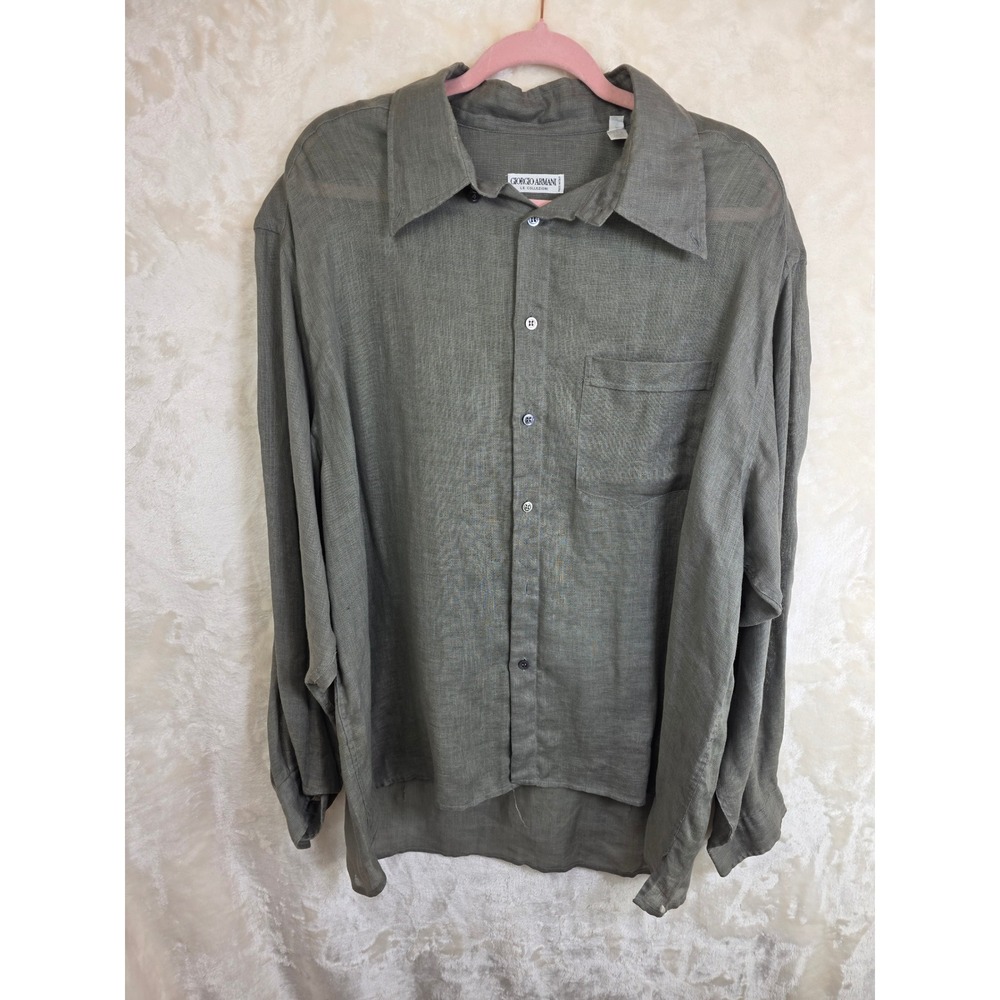 Giorgio Armani Le Collezioni Mens XXL Olive Green 100% Linen Button Down Shirt